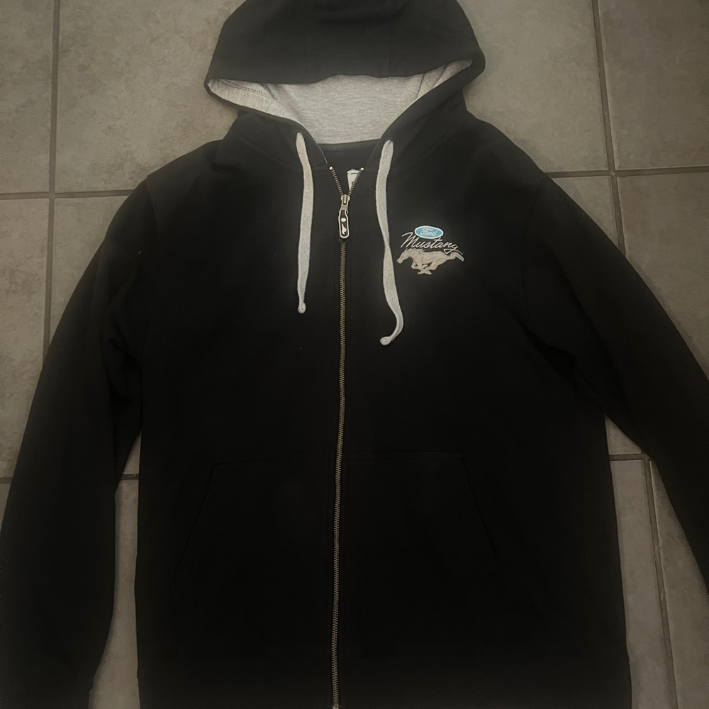 Black Zip-Up Hoodie with Mustang Logo